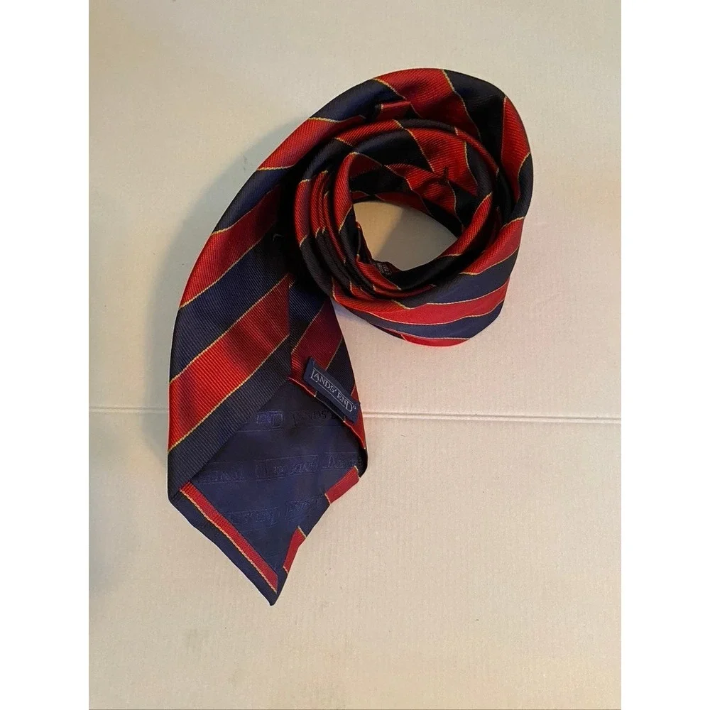 Lands End Mens Long Silk Tie Navy Blue Red Gold Regimental Stripe Handsewn USA